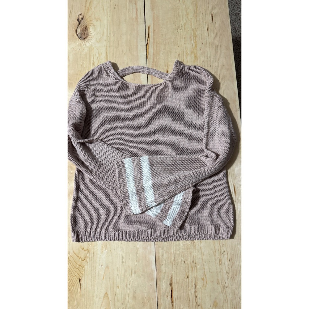 Alya Womens Dusty Rose Open Back Chunky Knit Sweater Striped Cuffs Medium
